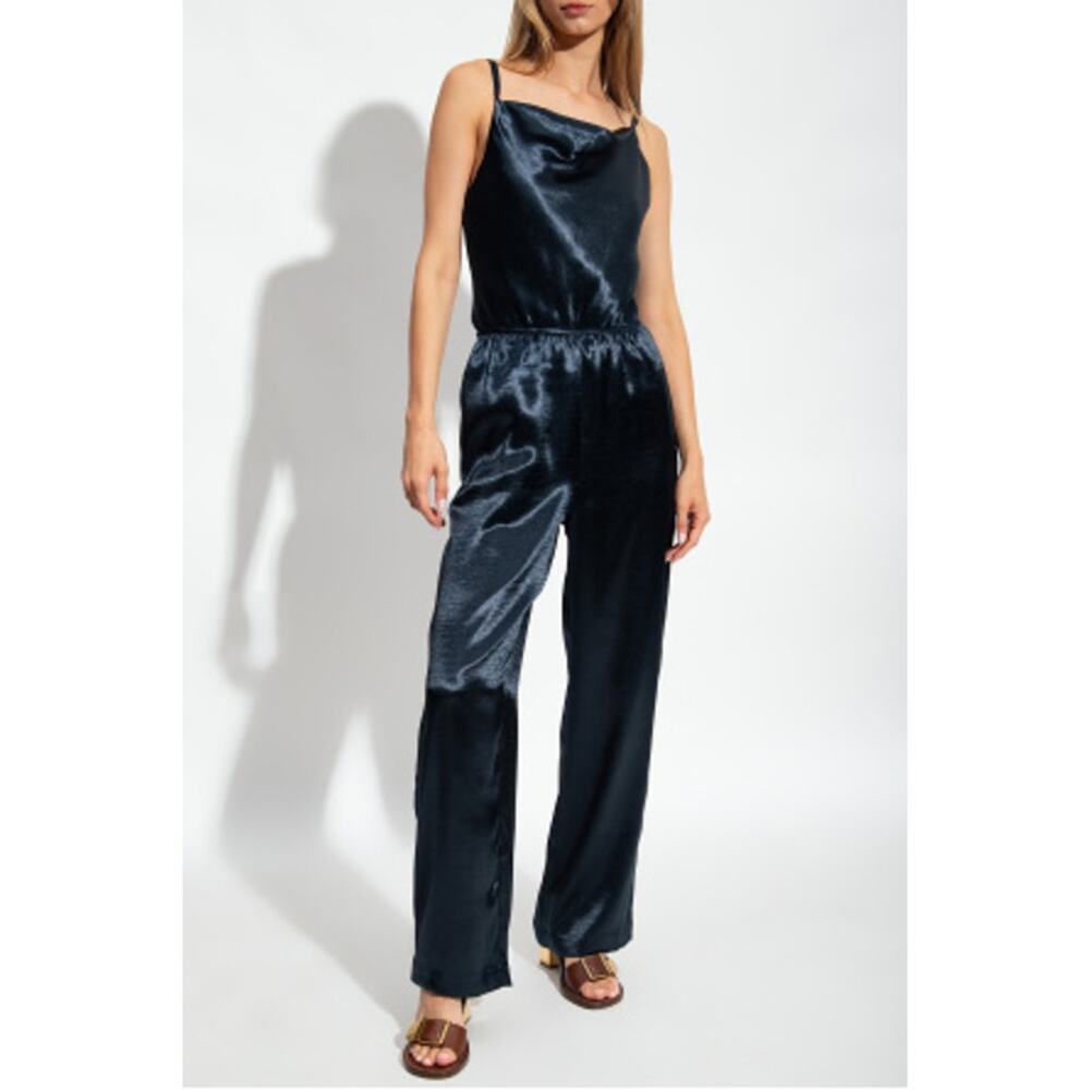 NWT Samsoe & Samsoe Fredericka Jumpsuit Navy Blue‎ Satin Size Medium Cowl Neck